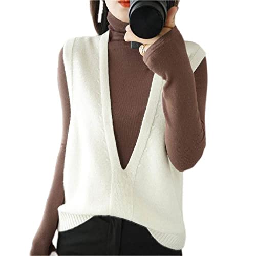 ZIRONG Weste Pullunder Damen,Frühling Wollmisch-Innenpullover Tanktops/Tiefer V-Ausschnitt Ärmelloser Pullover/Damen Weißer Ärmelloser Weste-Strickpullover,L von ZIRONG