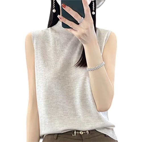 ZIRONG Weste Pullunder Damen,Spring Half Rollkragen Ärmelloser Pullover/Sommer Wollmischung Atmungsaktive Pullover Weste/Beige Tanktops Für Damen,M von ZIRONG