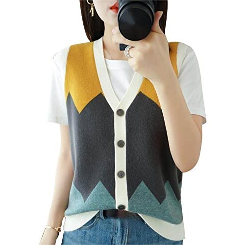 ZIRONG Weste Pullunder Damen,Wollmischung V-Ausschnitt Knopf Farbblock Ärmelloser Pullover Damen/Ärmellose Damenweste Strickpullover/Frühlingspullover Tanktop,M von ZIRONG