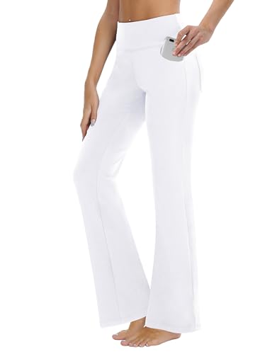 ZIRUU Activewear-Hosen für Damen mit Taschen Jogginghose Hohe Taille Yogahose Weites Bein Straighthose Bauchkontrolle Schlaghose Arbeit Sporthose(White, Small) von ZIRUU
