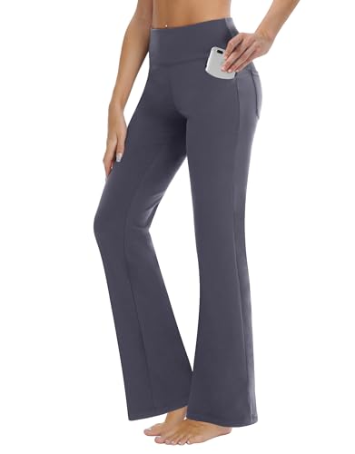 ZIRUU Bootcut Yoga-Hosen mit Taschen für Frauen Weites Bein Hosen Hohe Taille Workout Hosen Bauch Kontrolle Arbeit Hosen 4 Taschen(Grey,Small) von ZIRUU