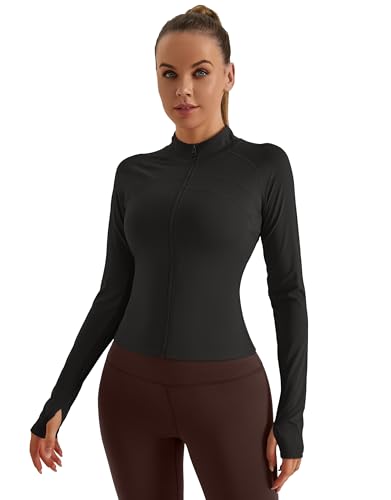 ZIRUU T-Shirt Damen Gym Top Sport Oberteil Yoga Langarm Crop Top Sportshirt Leicht Fitness Oberteil mit Reißverschluss und Daumenloch in Black X-Large Size von ZIRUU