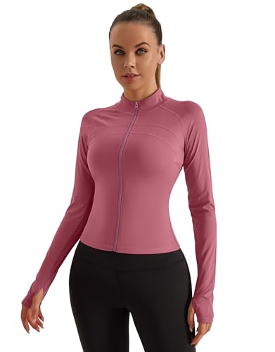 ZIRUU T-Shirt Damen Gym Top Sport Oberteil Yoga Langarm Crop Top Sportshirt Leicht Fitness Oberteil mit Reißverschluss und Daumenloch in Dark Pink Small Size von ZIRUU