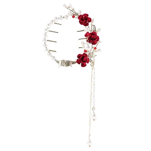 Perle Rote Rose Quaste Pferdeschwanz Schnalle Haarspange Wowen Elegante Retro Accessoires Weibliche Haar Mode Gold Damen Haarspange von ZIRYXQ