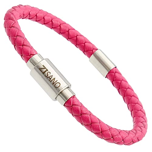 ZISANOPOWER Power & Balance Armbänder - Versch. Farben & Größen - Echtes Lederarmband Herren Damen - patentierter Magnetverschluss - Edelstahl Armband Herren - Schmuck- Geschenke (M, Pink) von ZISANO