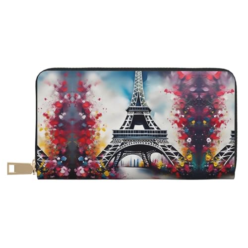 Außergewöhnlich lange Reisebrieftasche aus Kunstleder mit Blumenblatt-Druck, mit Reißverschluss, entworfen für Damen, Eiffelturm Paris Gemälde, Einheitsgröße von ZISHAK