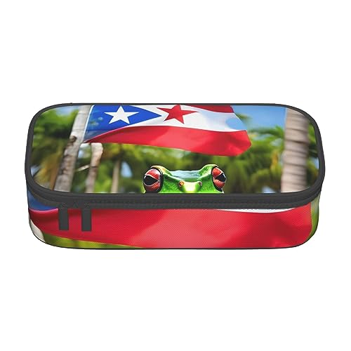 ZISHAK Federmäppchen mit Puerto Rico-Flaggen, Frosch, Palmen, hohe Kapazität und Reißverschluss, Oxford-Stoff, der ultimative Schreibtisch-Organizer für das Büro von ZISHAK