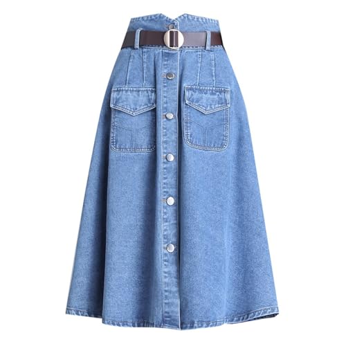 A-Linien-Jeansrock Für Damen – Midi-Blauer Stretch-Jeansrock, Frühlings- Und Sommerrock Für Damen In Übergröße, Modischer Einreihiger Jeansrock Mit Gürtel, Blau, L von ZISTRCBAO