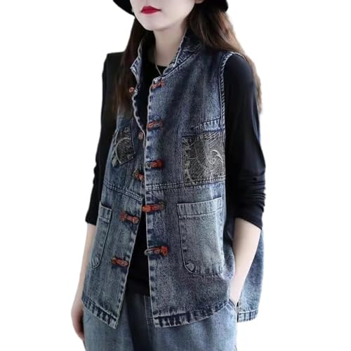 Ärmellose Weste Aus Denim Für Damen – Retro-Jeansweste Im Ethno-Stil In Großer Größe Mit Scheibenschnalle, Lässige Jeansweste Für Damen Im Frühling Und Sommer, Blau, Xxl von ZISTRCBAO