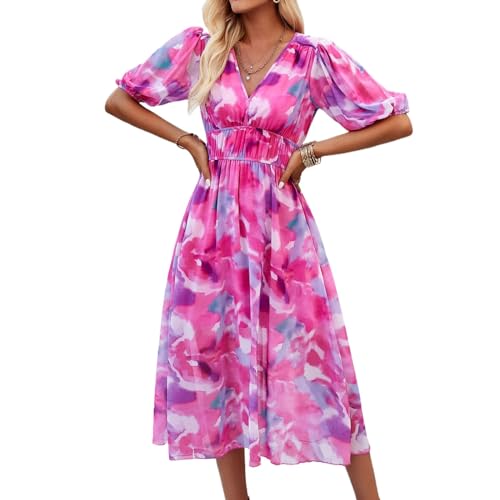 Damen Kurzarm Loose Swing Freizeitkleid – Lässiges Bedrucktes Kleid, Taille, Schmal Geschnittenes Kleid, Langes Kleid Mit V-Ausschnitt, Langes Kleid Mit V-Ausschnitt, Strand-Boho-Kleid, Rosa, S von ZISTRCBAO