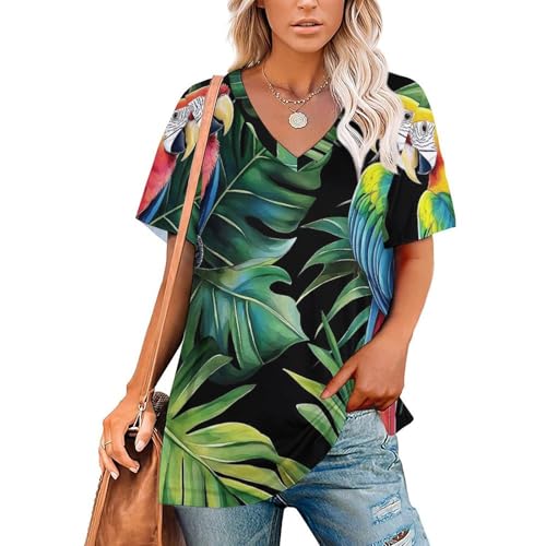Damen Tops V-Ausschnitt Süßer Papagei Realistische Blätter Ärmel Casual T-Shirt Damen Sommer Freizeit Kurzen Ärmeln Strand Tops Basic Oberteile von ZISTRCBAO
