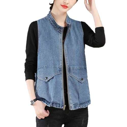 Jeansweste Für Damen In Übergröße – Ärmellose, Lässige Jeansweste Mit Stehkragen, Lockere Und Vielseitige Jeansweste, Kurzes Jeansjackenoberteil, Blau, 3Xl von ZISTRCBAO