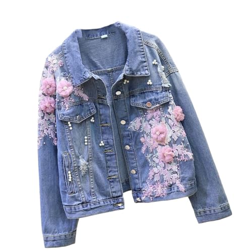 Kurz Geschnittene Damen-Jeansjacke – Stickerei, Dreidimensionale Blumen-Jeansjacke, Perlenperlen, Zerrissene Loch-Bomber-Oberbekleidung, Blau, S von ZISTRCBAO