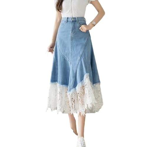 Spitzen-Patchwork-Jeansrock Für Damen – Damen-Sommermode In Übergröße, A-Linien-Rock, Blaue Midi-Röcke Für Damen Mit Hoher Taille, Blau, M von ZISTRCBAO