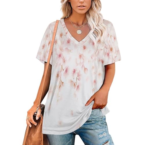 T- Shirt Damen Sommer Shirt Damen Kurzarm Lockeres Lässiges Hemd Tops Bluse Sommer Bedrucktes Traumfänger Federn Runden V Ausschnitt-T-Shirt von ZISTRCBAO