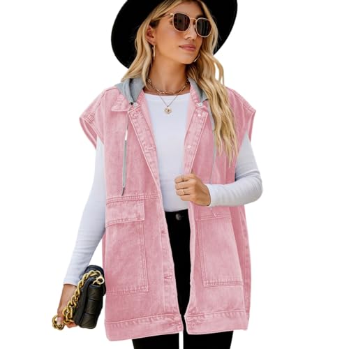 ZISTRCBAO Ärmellose Jeansweste Für Damen Mit Kapuze, Jeansweste-Jacke – Mittellange, Gewaschene Jeansweste Im Used-Look, Lässiger, Lockerer Jeansmantel Für Damen Mit Taschen, Pink Hooded, L von ZISTRCBAO