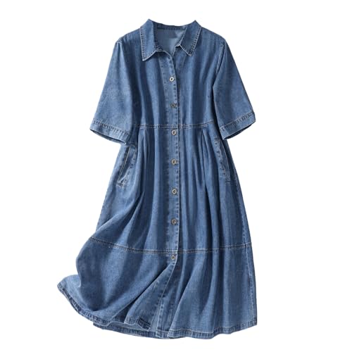 ZISTRCBAO Blaues Jeans-Freizeitkleid für Damen in Übergrößen – dünnes, kurzärmeliges Jeanskleid für Damen, Midi-Kleid mit Knopfleiste, Party-Hemdkleid, Blau, XXL von ZISTRCBAO