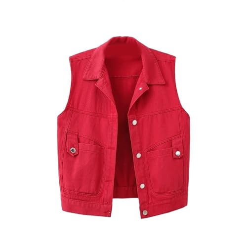 ZISTRCBAO Damen-Jeanswesten – Ärmellose Damen-Jeansweste, Kurze Rote Jean-Cowboy-Weste, Revers-Knopfweste Mit Taschen, Rot, L von ZISTRCBAO