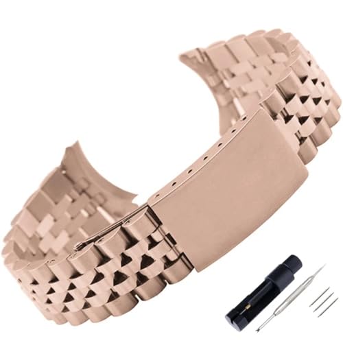 ZIUBMVDYC Edelstahl Uhrenarmband, 18 19 20 21 22 mm breites Voll-Edelstahl-Armband mit gebogenem Ende for universelles Uhrenarmband-Zubehör mit Werkzeug(Rose gold,22mm) von ZIUBMVDYC