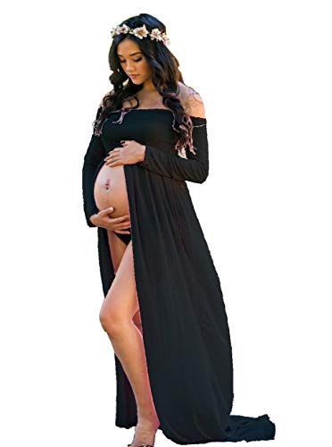 ZIUMUDY Maternity Maxi Chiffon Photography Dress Split Front Gown for Photoshoot (Black) von ZIUMUDY