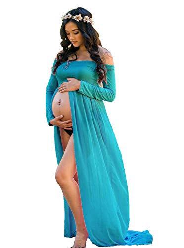 ZIUMUDY Maternity Maxi Chiffon Photography Dress Split Front Gown for Photoshoot (Peacock Blue) von ZIUMUDY