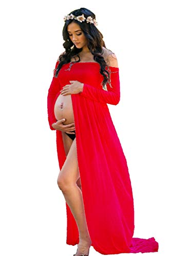 ZIUMUDY Maternity Maxi Chiffon Photography Dress Split Front Gown for Photoshoot (Red) von ZIUMUDY