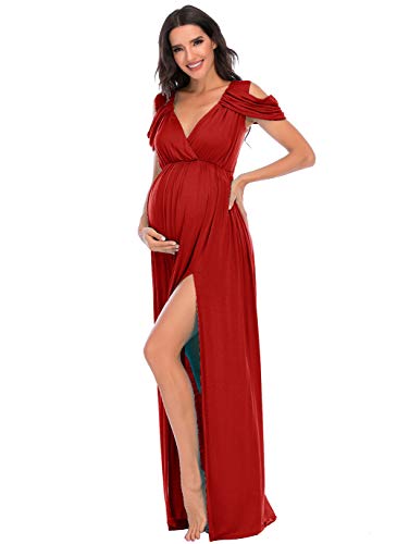 ZIUMUDY Umstandskleid, schulterfrei, V-Ausschnitt, Fotoshooting-Kleid, Maxikleid, Babyparty-Kleid - Rot - Groß von ZIUMUDY