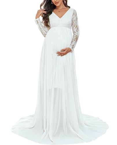 ZIUMUDY Umstandskleid mit V-Ausschnitt, Chiffon, lange Ärmel, Spitzennähte, Maxikleid für Babyparty, Weiss/opulenter Garten, Groß von ZIUMUDY