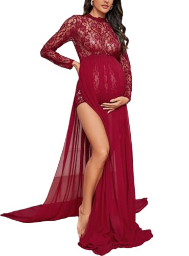 ZIUMUDY Umstandskleid mit langen Ärmeln, Spitze, durchsichtig, für Fotografie, mit Maxi-Chiffonrock, Fotoshooting-Kleid - Rot - X-Groß von ZIUMUDY