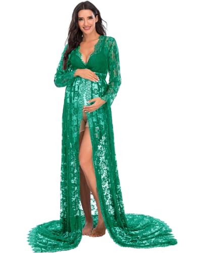 ZIUMUDY Umstandskleid mit tiefem V-Ausschnitt, geteilter Vorderseite, durchsichtig, Maxi-Spitzenkleid für Fotografie, mit langen Ärmeln, Grün , X-Groß von ZIUMUDY