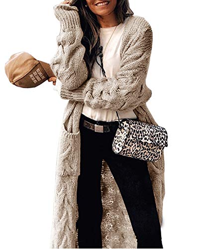 ZIWOCH Damen Lange Strickjacke Mäntel Zopfmuster Casual Open Front Langarm Lose Pullover mit Taschen - Beige - Groß ZIWOCH Damen Lange Strickjacke Mäntel Zopfmuster Casual Open Front Langarm Lose Pullover mit Taschen - Beige - Groß von ZIWOCH