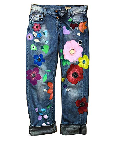 ZIXING Fashion Damen Blumen gedruckt Jeanshose Hohe Taille Fitted Jeggings-Hose Vintage Jeans Lang Lässig Baggy Boyfriend Hüftjean Dunkelblau L von ZIXING Fashion