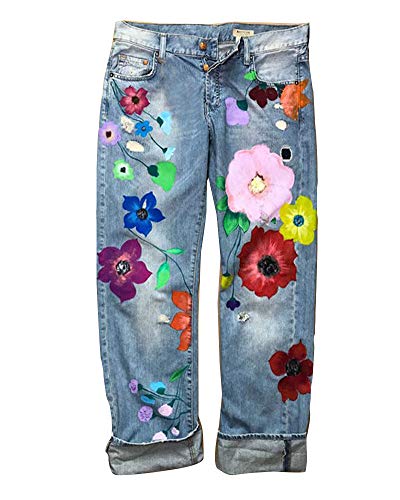 ZIXING Fashion Damen Blumen gedruckt Jeanshose Hohe Taille Fitted Jeggings-Hose Vintage Jeans Lang Lässig Baggy Boyfriend Hüftjean Hellblau M von ZIXING Fashion