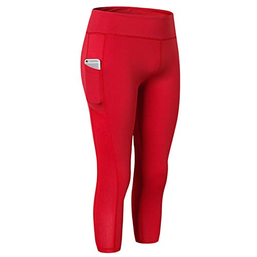 ZIXINGA Damen Leggings 3/4 Sporthose Yogahose Hohe Taille Sportleggings Capri Hose Mit Taschen Rot L von ZIXINGA