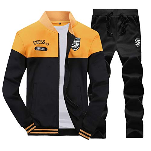 ZIXINGA Herren Gym Trainingsanzüge Stand Collar 2 Stück Sporthose & Hoodie Jumpsuit Onesie Jogginganzug Gelb L von ZIXINGA