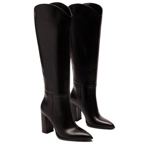 ZIXSAA Kniehohe Stiefel für Damen, spitzer Zehenbereich, 8,9 cm, klobiger hoher Absatz, lange Stiefel, Schwarz, 37.5 EU von ZIXSAA