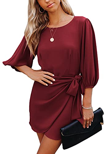 ZIYYOOHY Women's Casual Chiffon Dress Mini Dress 3/4 Sleeves Round Neck Elegant Summer Dress Beach Dresses A-line Casual Dress Cocktail Dress (XL, Red Wine-3009) von ZIYYOOHY