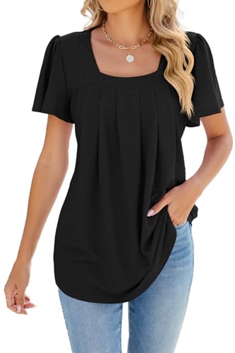 ZIYYOOHY Damen Sommer Bluse Kurzarm Elegant Spitze Ösen Spreizkragen mit Plissiert T-Shirt Tunika Oberteil Tops(6011-BK M) von ZIYYOOHY