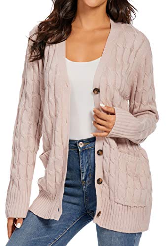 ZIYYOOHY Damen Cable Knit Cardigan Langarm Open Front Button Down Strickpullover Mantel mit Tasche (Rosa, M) von ZIYYOOHY