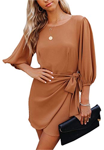 ZIYYOOHY Women's Casual Chiffon Dress Mini Dress 3/4 Sleeves Round Neck Elegant Summer Dress Beach Dresses A-line Casual Dress Cocktail Dress (XS, Khaki-3009) von ZIYYOOHY