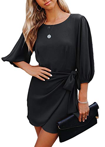 ZIYYOOHY Women's Casual Chiffon Dress Mini Dress 3/4 Sleeves Round Neck Elegant Summer Dress Beach Dresses A-line Casual Dress Cocktail Dress (42, Black-3009) von ZIYYOOHY