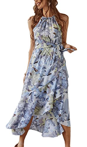 ZIYYOOHY Damen Sommerkleider Sexy Ärmellos Punkte Kleid Spaghetti-Trägerkleid Cocktailkleid Strandkleider Maxikleider mit Gürtel (5016-Blau, L) von ZIYYOOHY