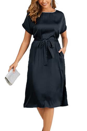 ZIYYOOHY Damen Cocktailkleid Glitzer Rundhalsausschnitt Satin Fledermausärmel Sommerkleid Elegant Kurze Ärmel Party Casual Midikleid Lose A-Linie Abendkleider mit Gürtel(6023 BK XXL) von ZIYYOOHY