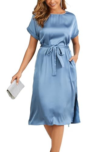 ZIYYOOHY Damen Cocktailkleid Glitzer Rundhalsausschnitt Satin Fledermausärmel Sommerkleid Elegant Kurze Ärmel Party Casual Midikleid Lose A-Linie Abendkleider mit Gürtel(6023 BL M) von ZIYYOOHY