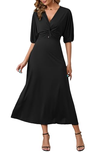 ZIYYOOHY Damen Elegant Lang Kleider V-Ausschnitt Twist 3/4 Fledermausärmel Casual Wickel Kleid Partykleid(6031 BK M) von ZIYYOOHY