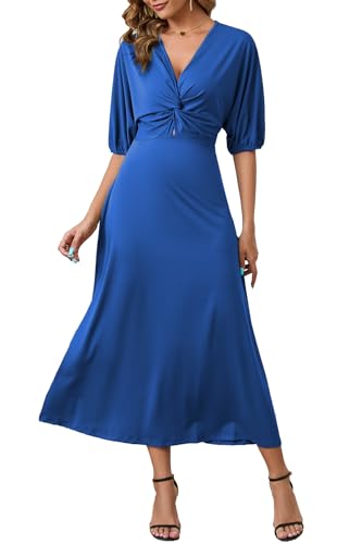 ZIYYOOHY Damen Elegant Lang Kleider V-Ausschnitt Twist 3/4 Fledermausärmel Casual Wickel Kleid Partykleid(6031 BL L) von ZIYYOOHY