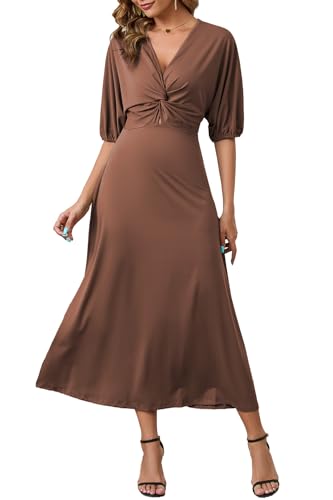 ZIYYOOHY Damen Elegant Lang Kleider V-Ausschnitt Twist 3/4 Fledermausärmel Casual Wickel Kleid Partykleid(6031 CO XXL) von ZIYYOOHY