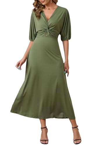 ZIYYOOHY Damen Elegant Lang Kleider V-Ausschnitt Twist 3/4 Fledermausärmel Casual Wickel Kleid Partykleid(6031 GN M) von ZIYYOOHY