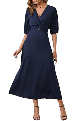 ZIYYOOHY Damen Elegant Lang Kleider V-Ausschnitt Twist 3/4 Fledermausärmel Casual Wickel Kleid Partykleid(6031 MB L) von ZIYYOOHY