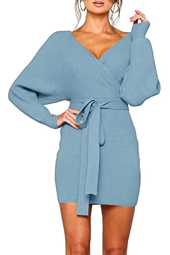 ZIYYOOHY Damen Elegant Strickkleid Pulloverkleid Tunika Kleid V-Ausschnitt Langarm Minikleid Mit Gürtel(251-BL L) von ZIYYOOHY